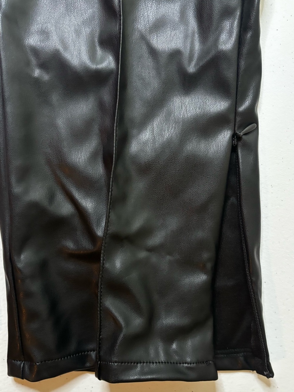 H&M Faux Leather Straight-Leg Pants Black Slit Hem - Picture 5 of 7
